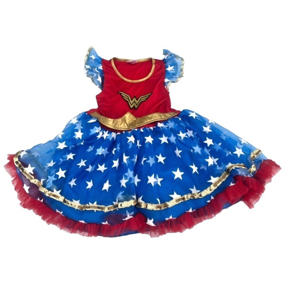 Girl's Wonder Woman DC Comics Tulle Flare Dress Red Blue Stars Tutu Aprox 3-5 T